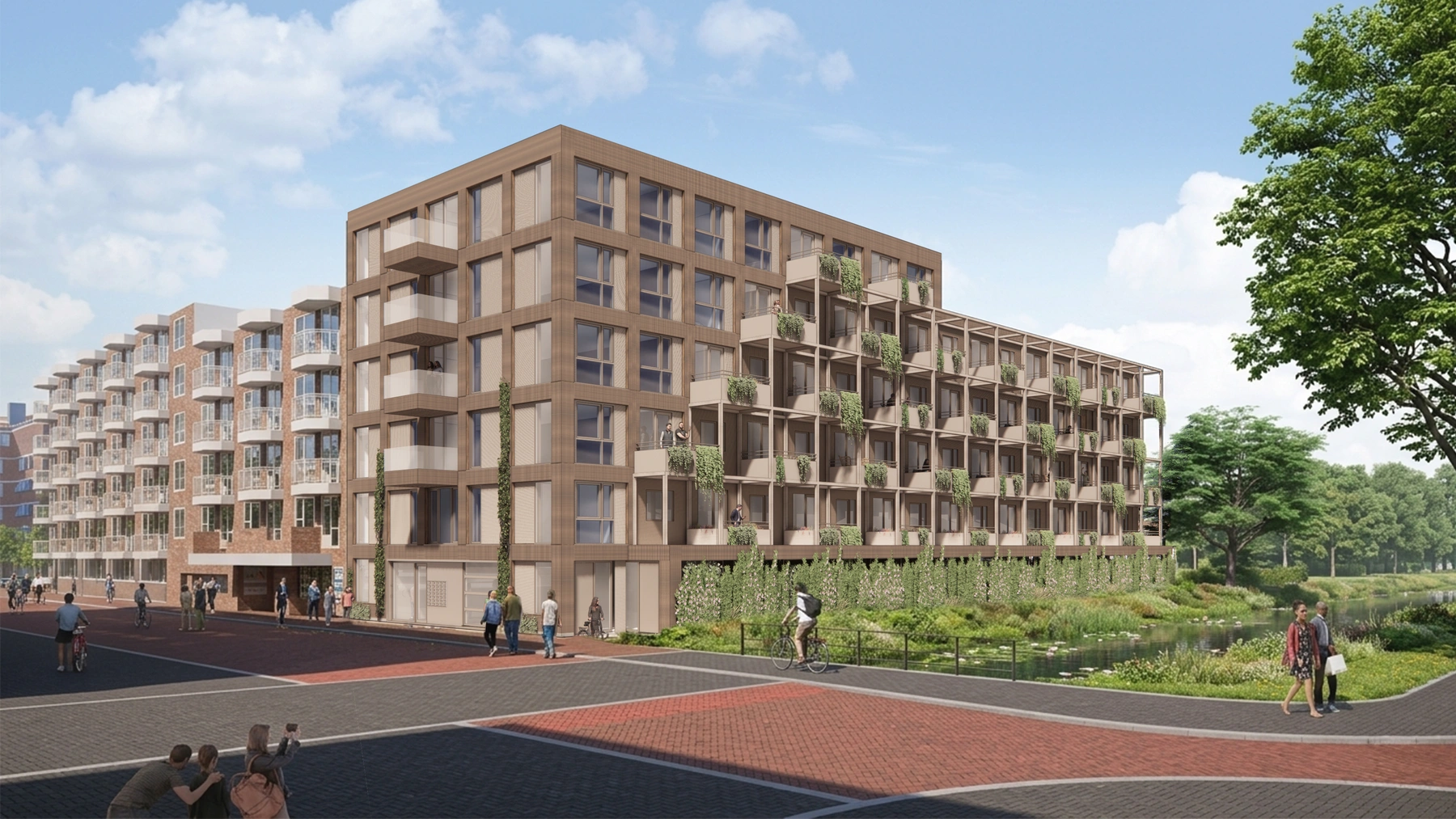 De Egelantier render van de hoek aan het water met de begroeide balkons