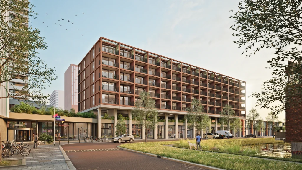 Een render van LOOF van het straatbeeld met op de begane grond winkels van winkelcentrum de Hoven
