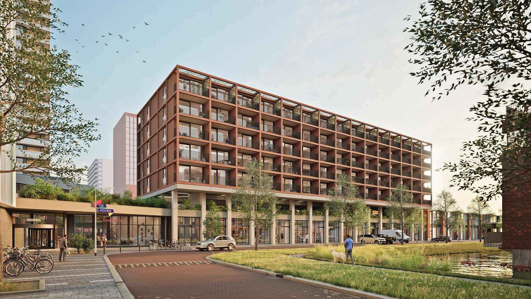 Een render van LOOF van het straatbeeld met op de begane grond winkels van winkelcentrum de Hoven
