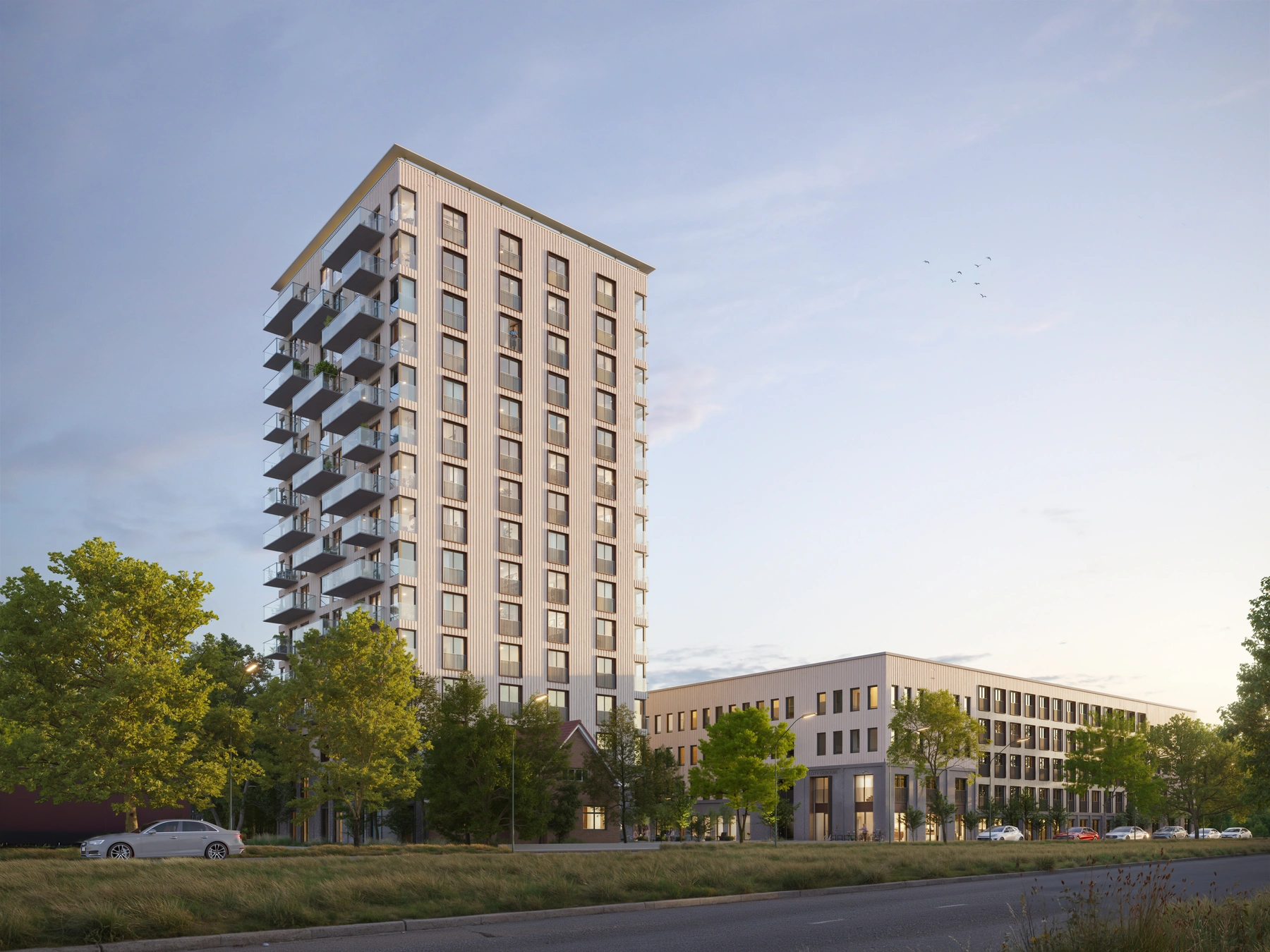 Hoofdkwartier render van de toren bij zonsondergang in Rotterdam Alexander houtbouw