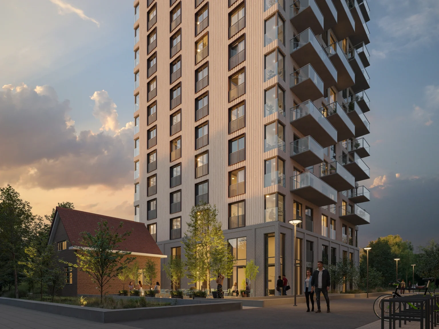 Hoofdkwartier render van de toren vanaf de straat in de avond in Rotterdam Alexander houtbouw