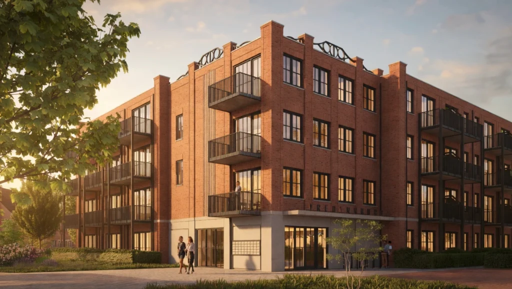 Park Vredenburgh AI render van de hoek bij de entree met zonsondergang