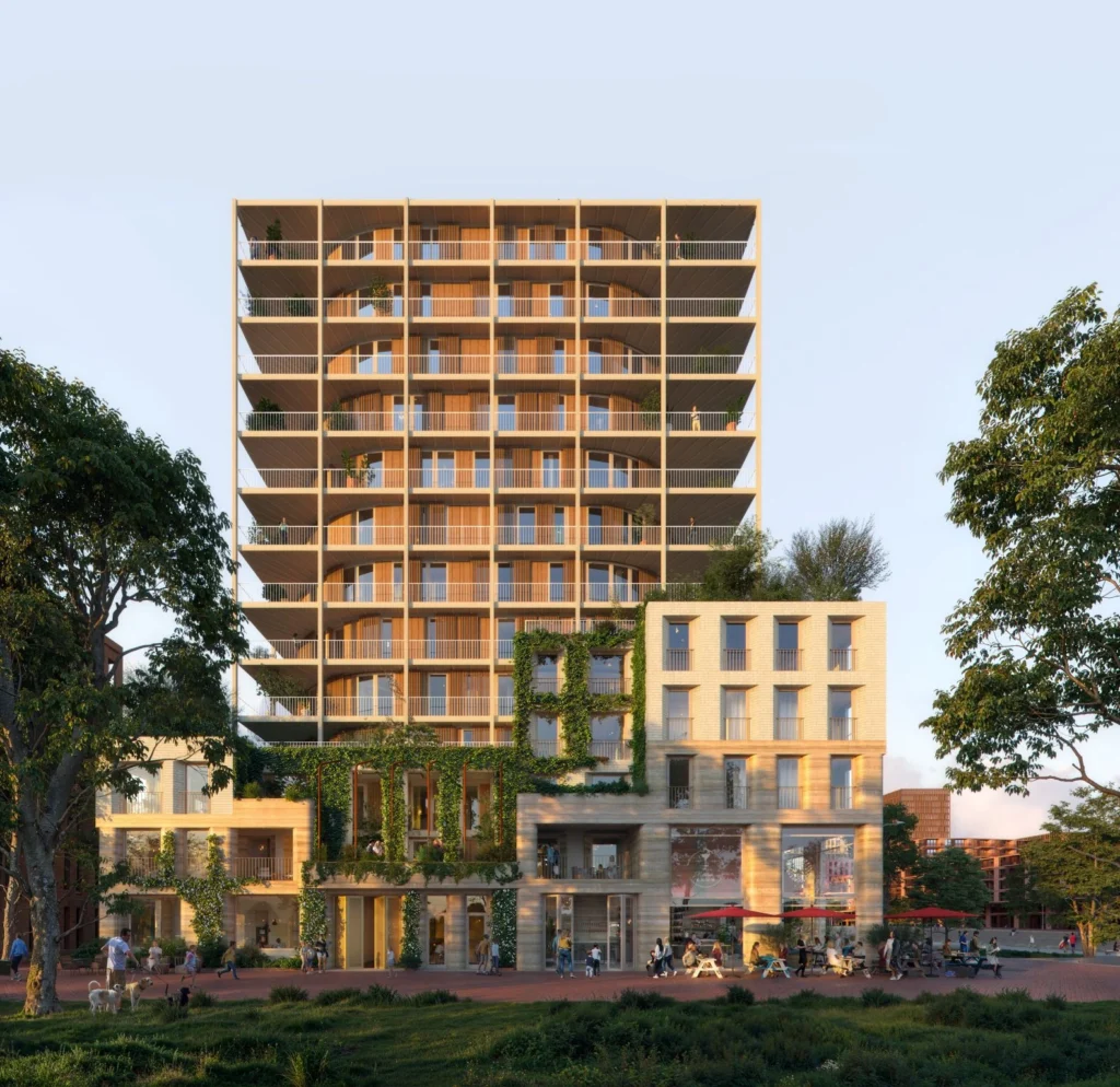 Radius render van de houten toren in de avond met gevel beplanting