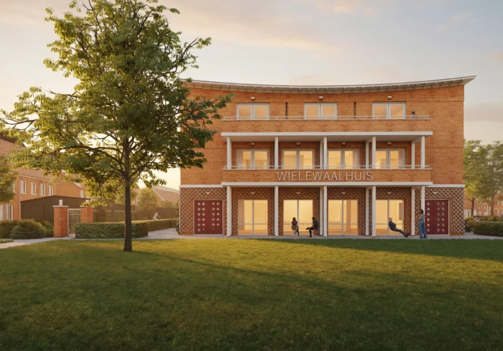 Wielewaal render van de voorgevel bij zonsondergang