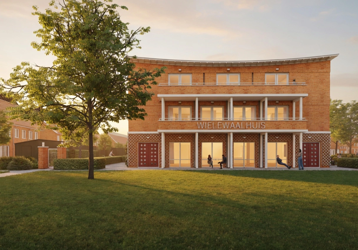 Wielewaal render van de voorgevel bij zonsondergang