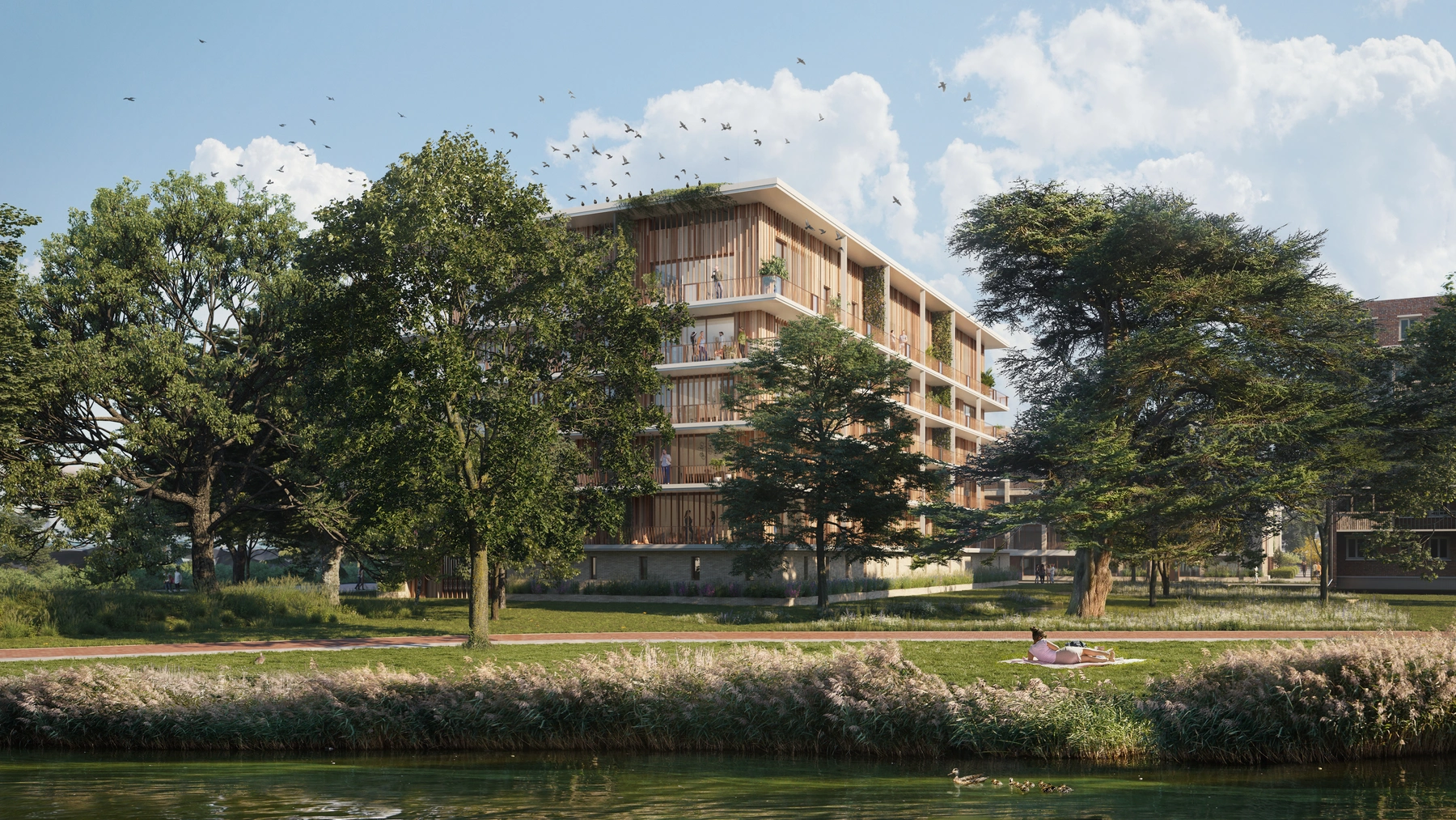 Woodstock render van de houten gevel aan het water met een mevrouw die gebruik maakt van het park