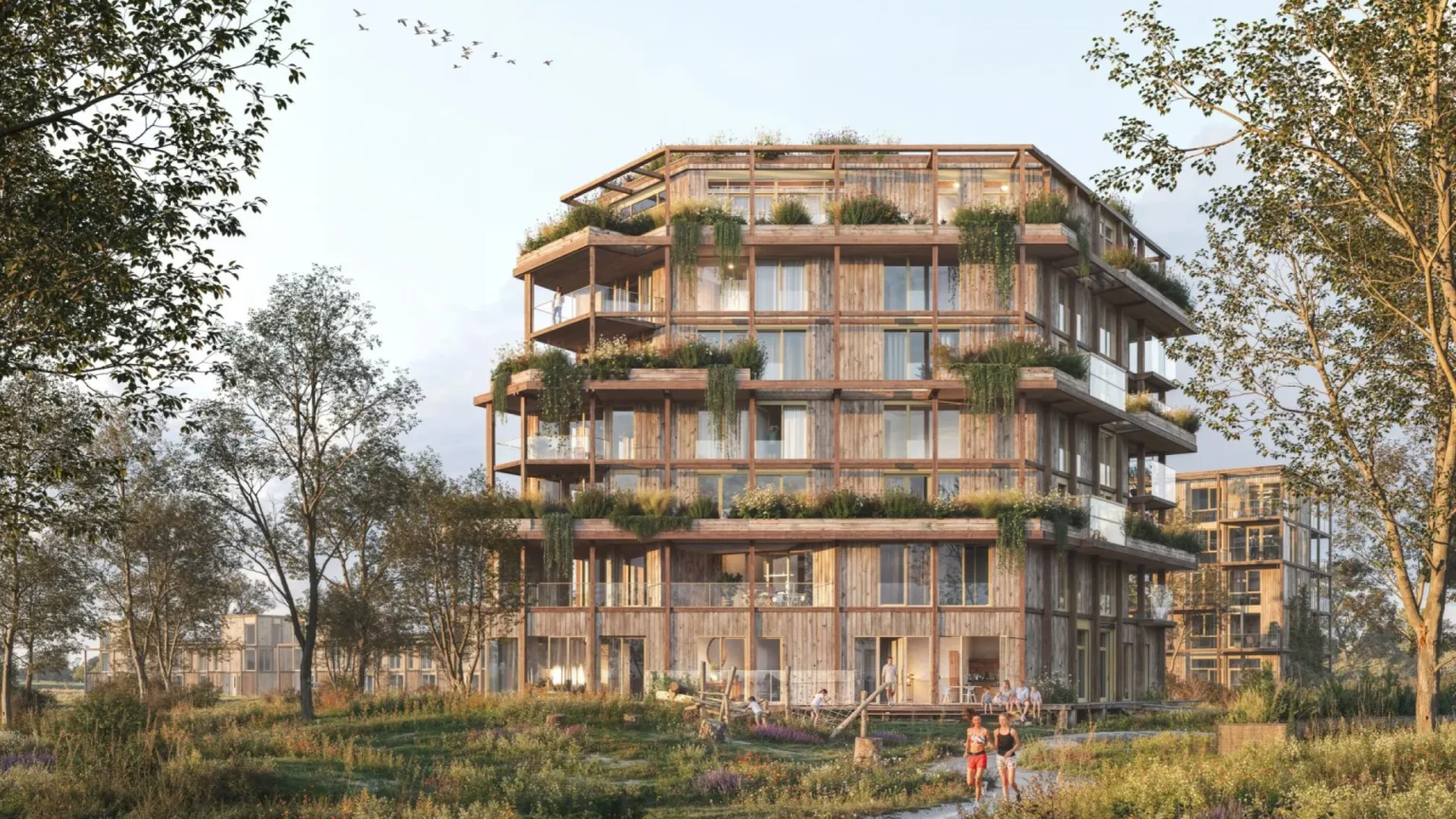 Wildgroei render van de houten gevel met begroeide balkons en hardlopers in de natuur