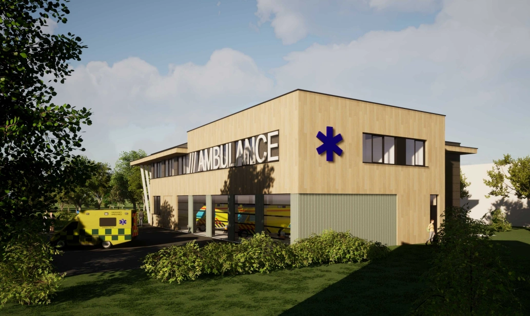 Ambulancepost render van de zijkant met de ambulance op de oprit