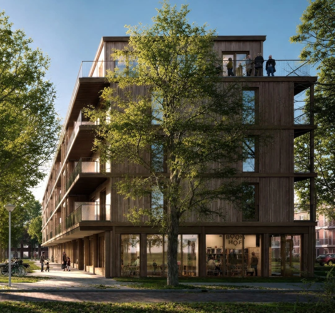 Boomhof render van de houten gevel met balkons en de gemeenschapsruimte op de begane grond