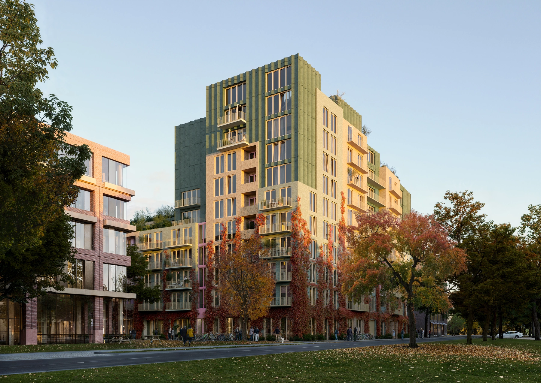 Circo render van de gevel in de herfst aan de straatzijde met beplanting op de gevels