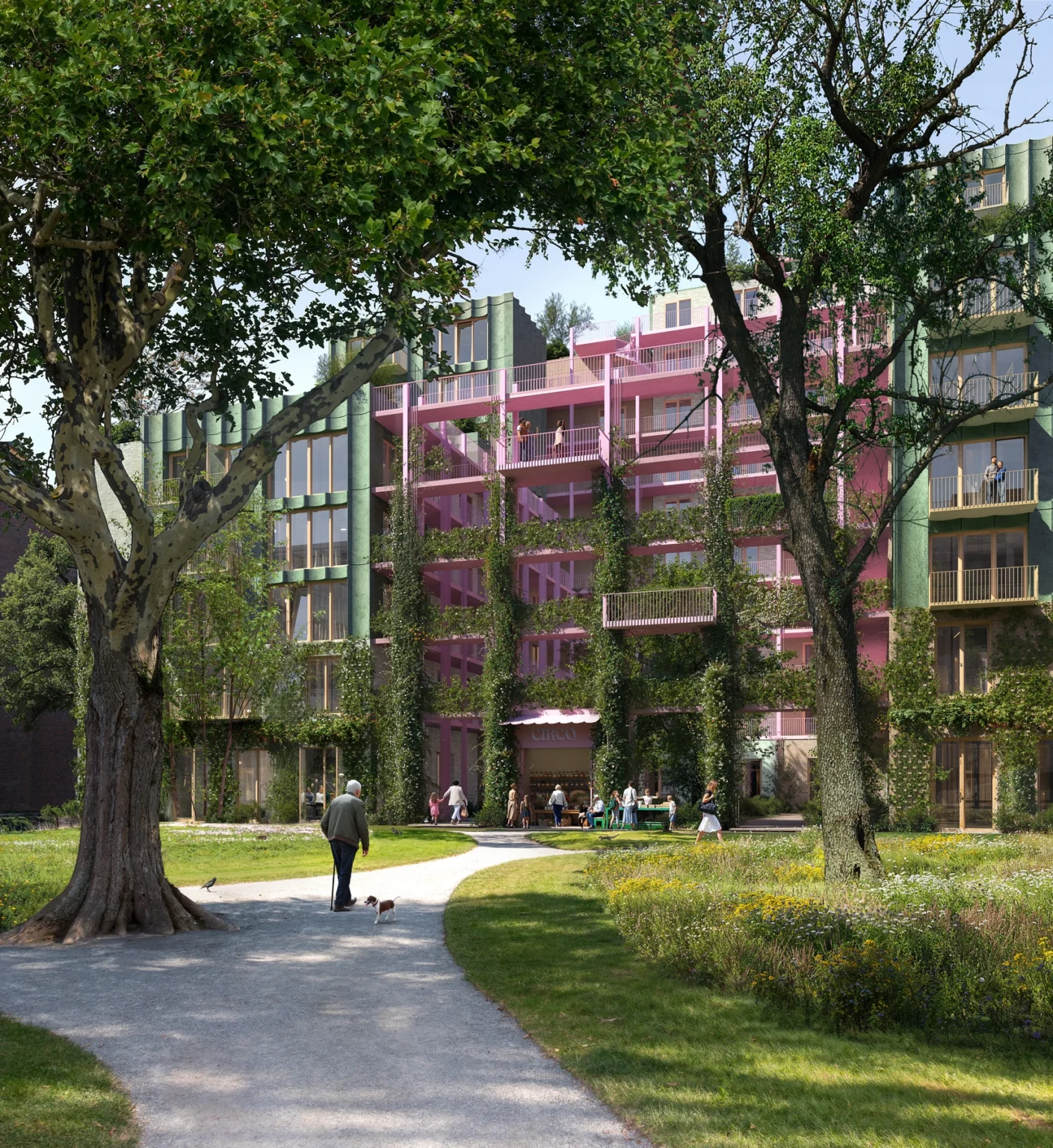 Circo render van het gebouw gezien vanaf het park met wandelende mensen en een hond