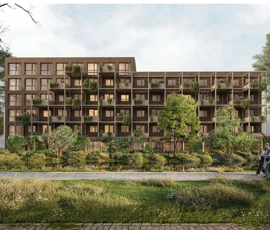 De Egelantier render van de houten gevel aan het water