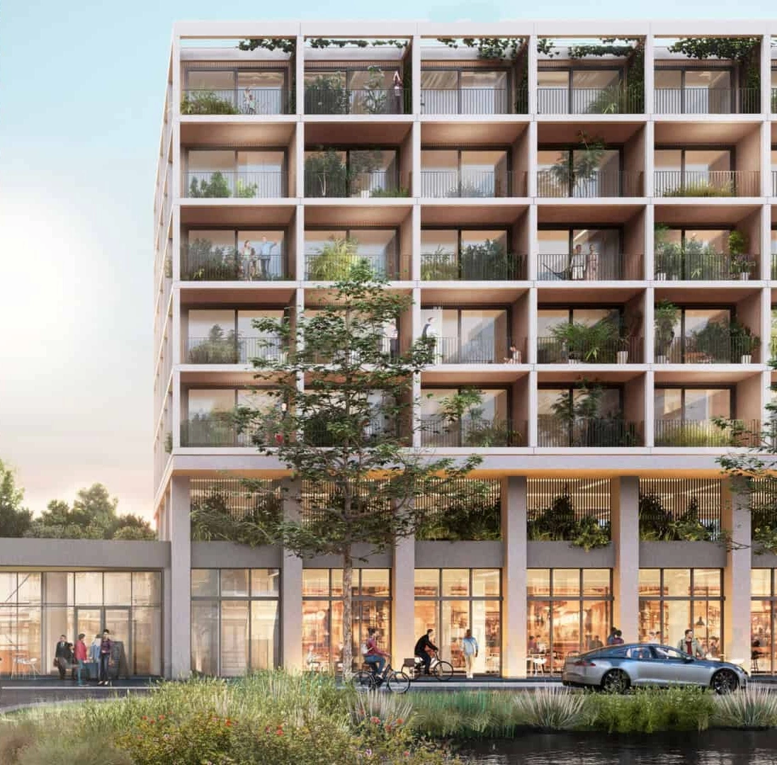 Een render van LOOF van de begroeide balkons met winkels op de begane grond aan het water