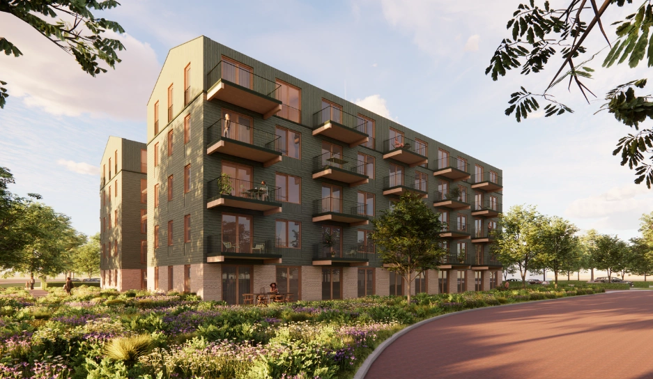 Geestwater appartementen render van het gebouw met groen gekleurde gevel en balkons in bloemrijke tuin