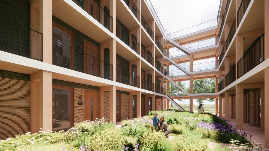 Geestwater appartementen render van de binnentuin met loopbruggen en balkons