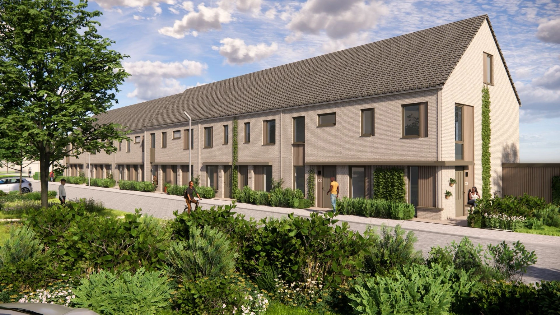 Geestwater woningen render van de rijwoningen met voortuinen en fietsende bewoners