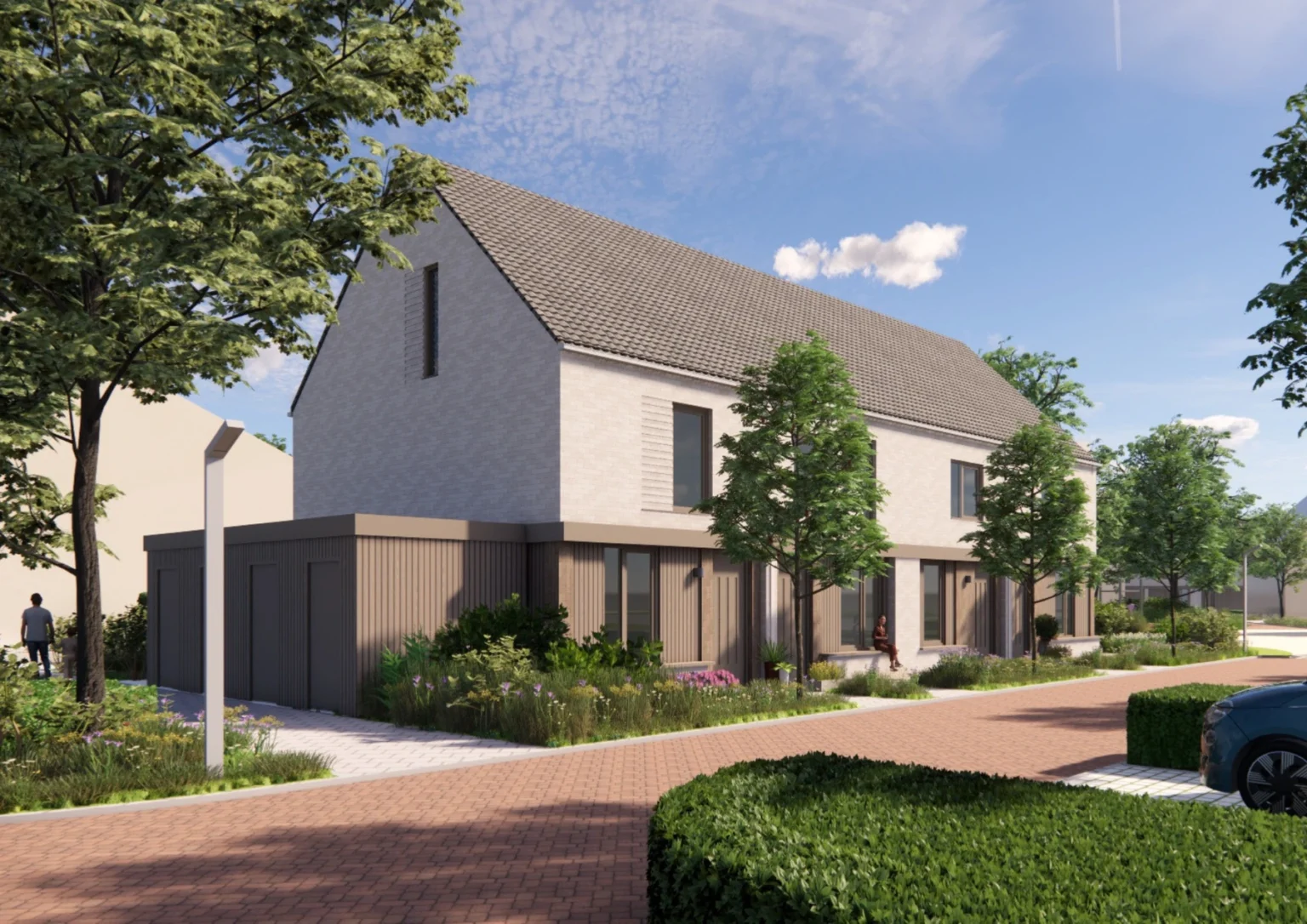 Geestwater woningen render van een twee-onder-een-kapwoning met houten plint en voortuin