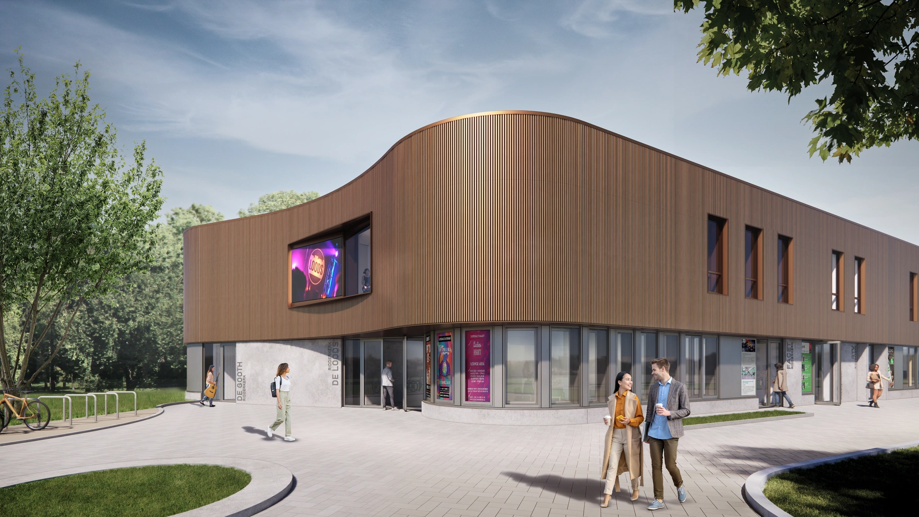 Gemini render van de entree met koperkleurige gevel en bezoekers op het plein