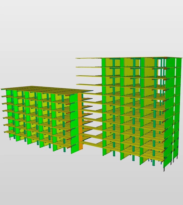 Geometriemodel van het project Valckensteyn waar enkel de CLT en Glulam zichtbaar is