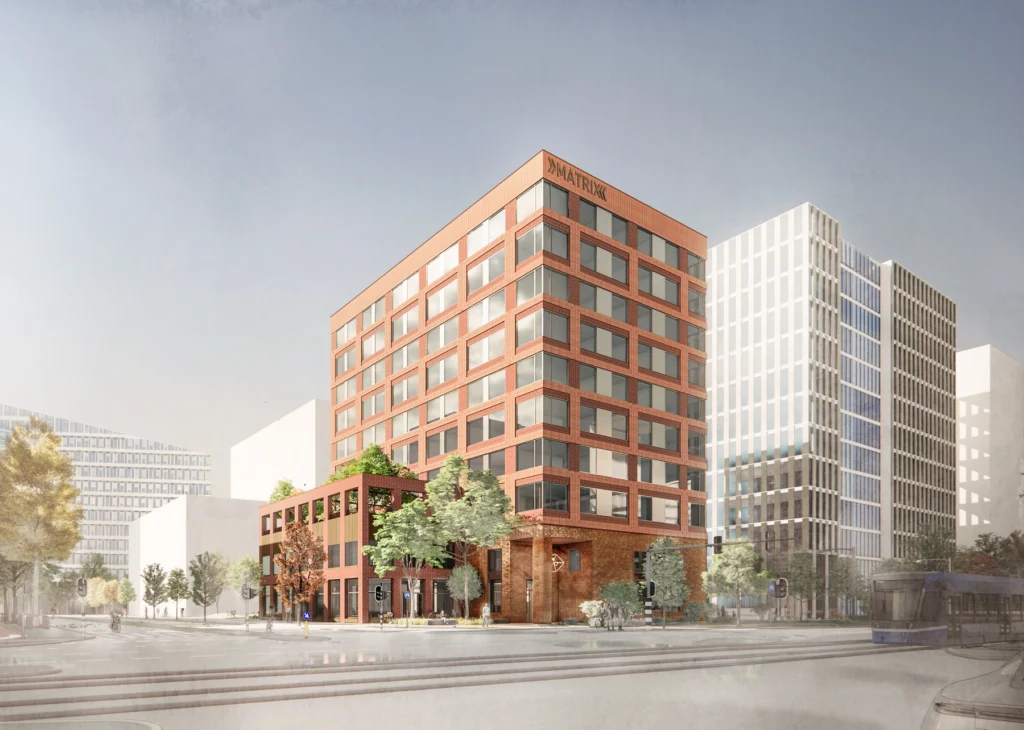 Matrix render van het gebouw op de hoek met de naam Matrix op de gevel