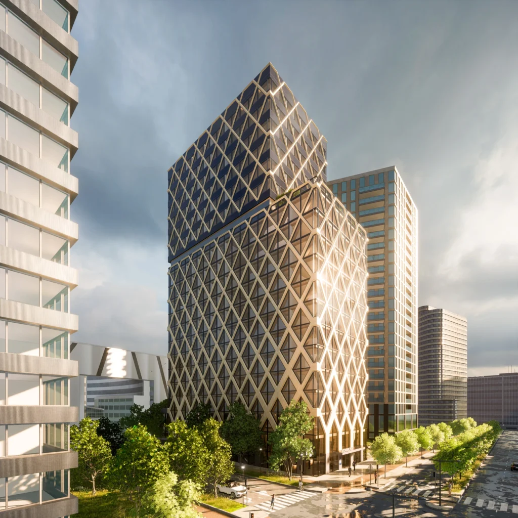 Monarch render van de toren met ruitvormige gevelstructuur tussen de hoogbouw in Den Haag