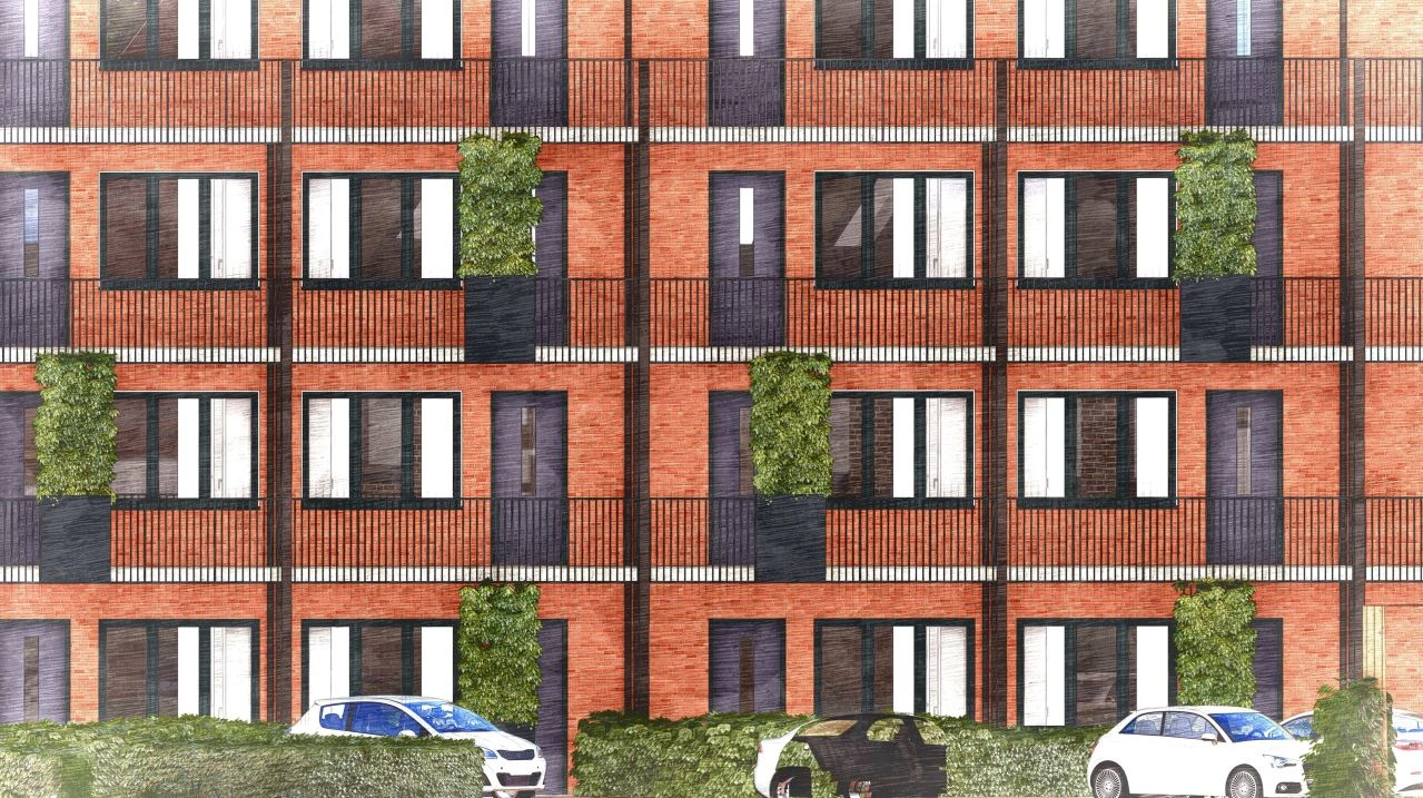 Park Vredenburgh een schats van de gevel met balkons en beplanting