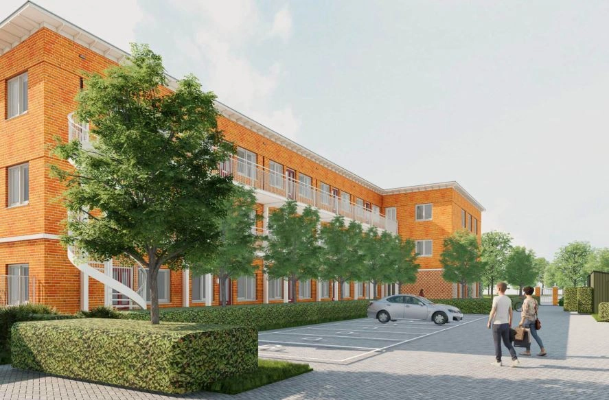Wielewaal render van de hoek van het gebouw met de parkeerplaats