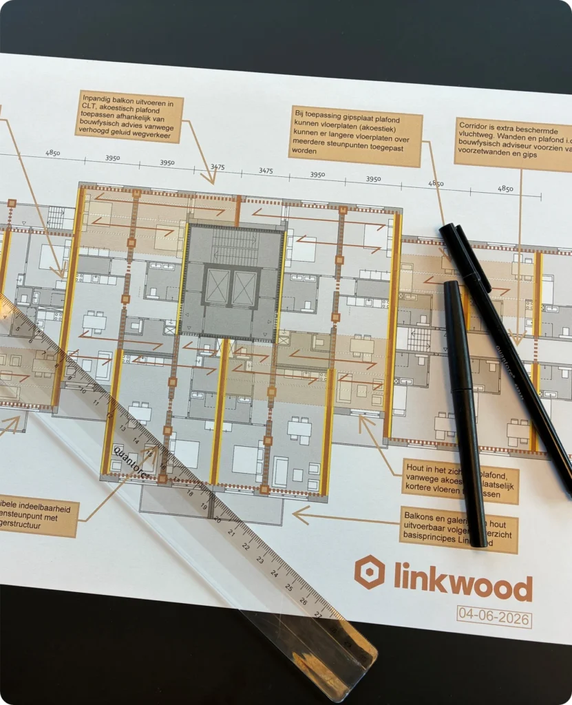 bouwtekening van een plattegrond met Linkwood logo en aantekeningen op tafel