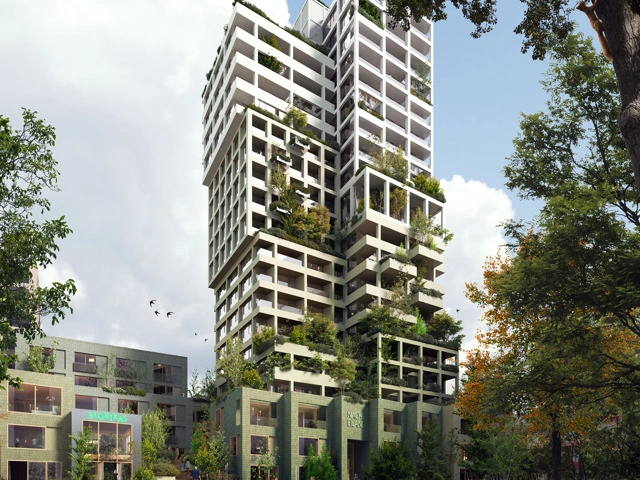 Nachteiland render van de begroeide toren tussen de bomen