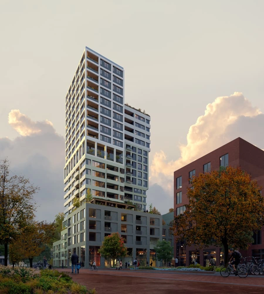 Nachteiland render van de toren bij zonsondergang met fietsers op het plein